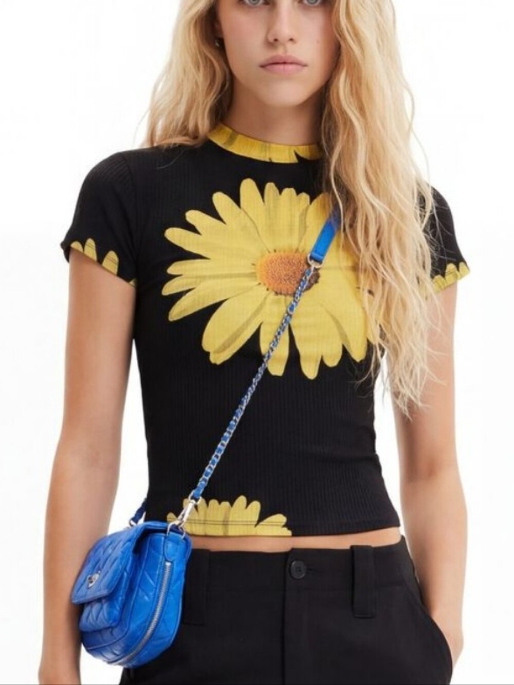 Desigual Black Ribbed Knit Sunflower Graphic Mock Neck Top Baby Tee SZ Large Y2K
